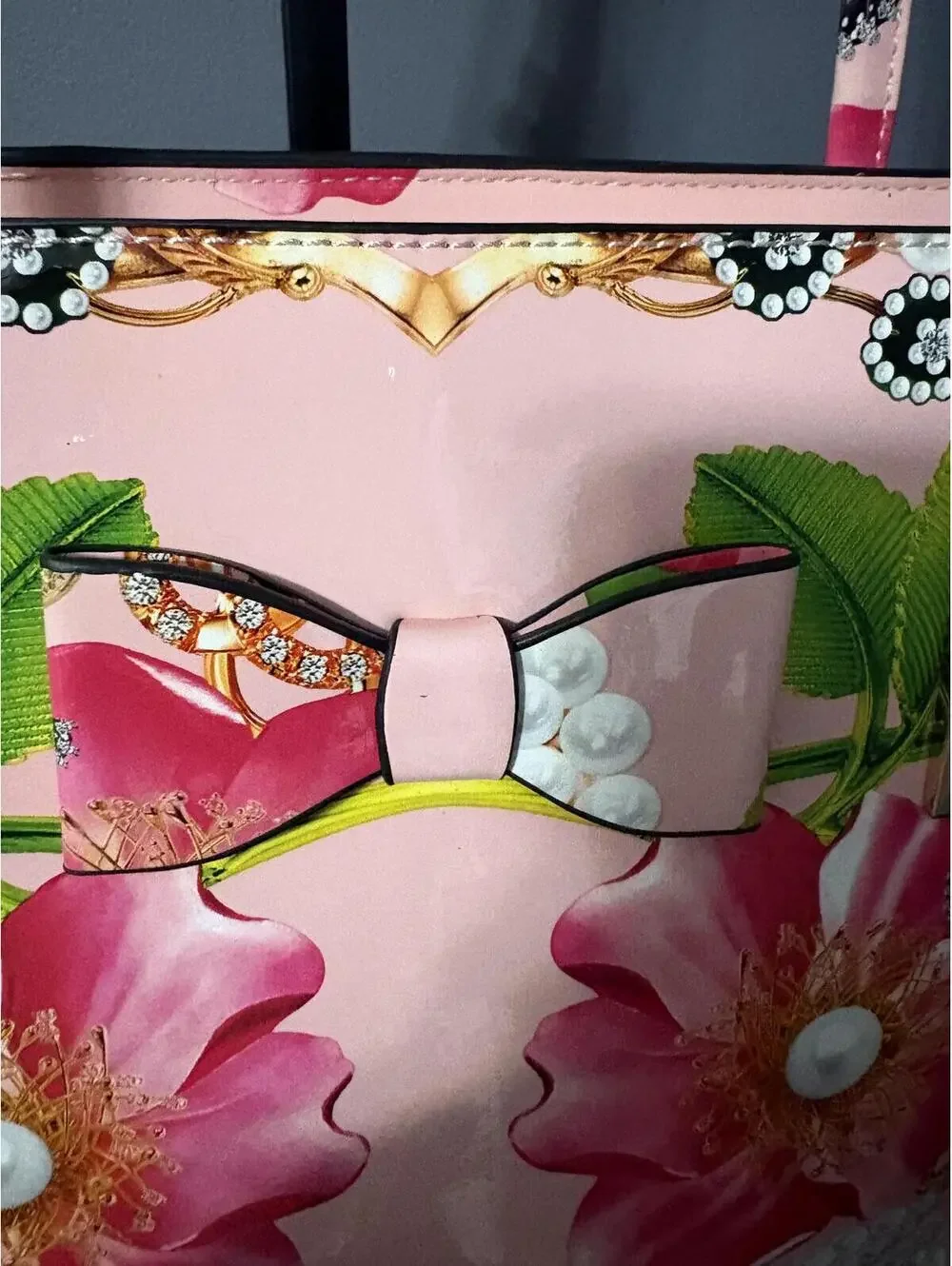 Pink Graphic Floral Tote Bag Bow Accent - Picture 4 of 8